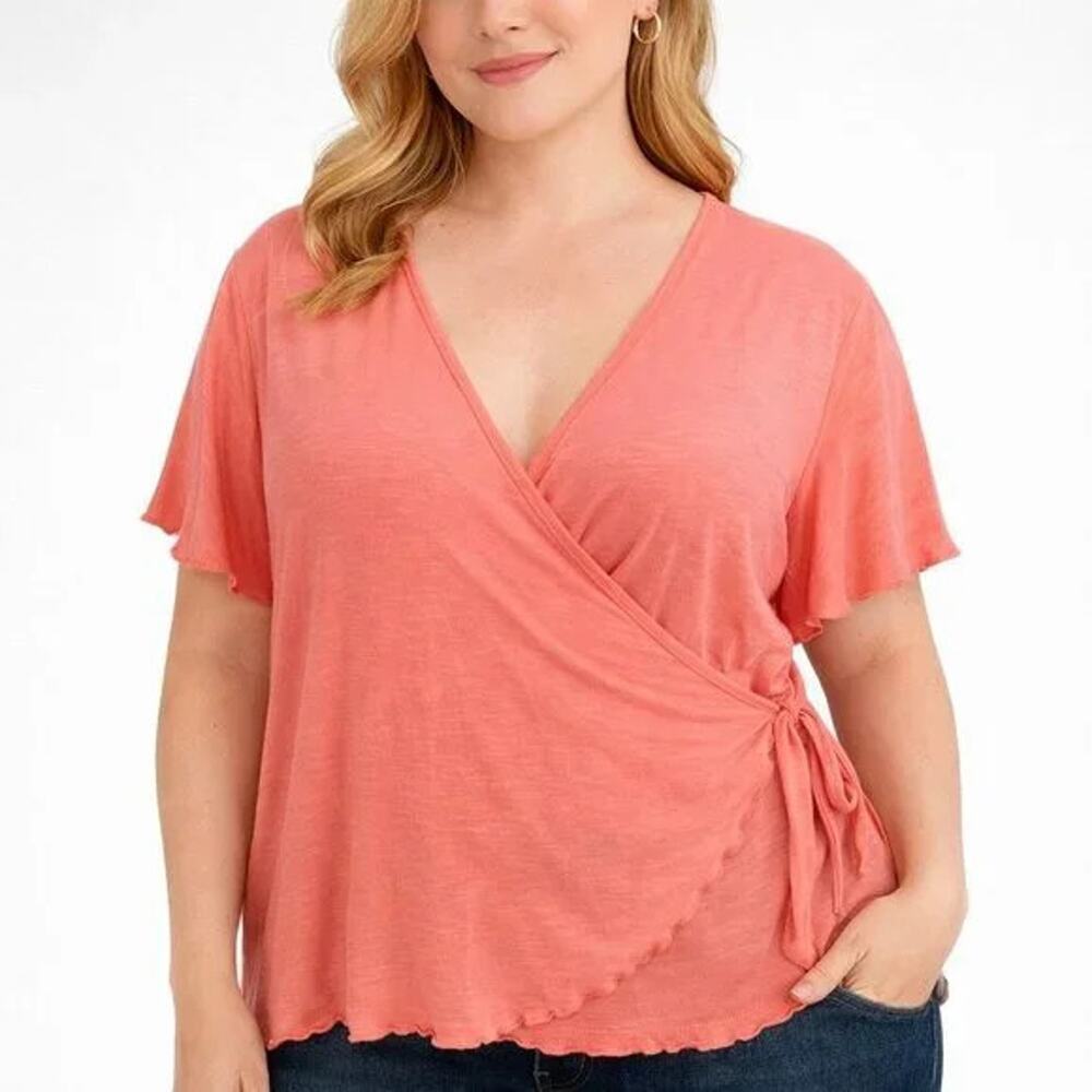 Lane Bryant Wrap Top 14 16 Pink Classic Cap Flutter V-Neck Knit Short Sleeve